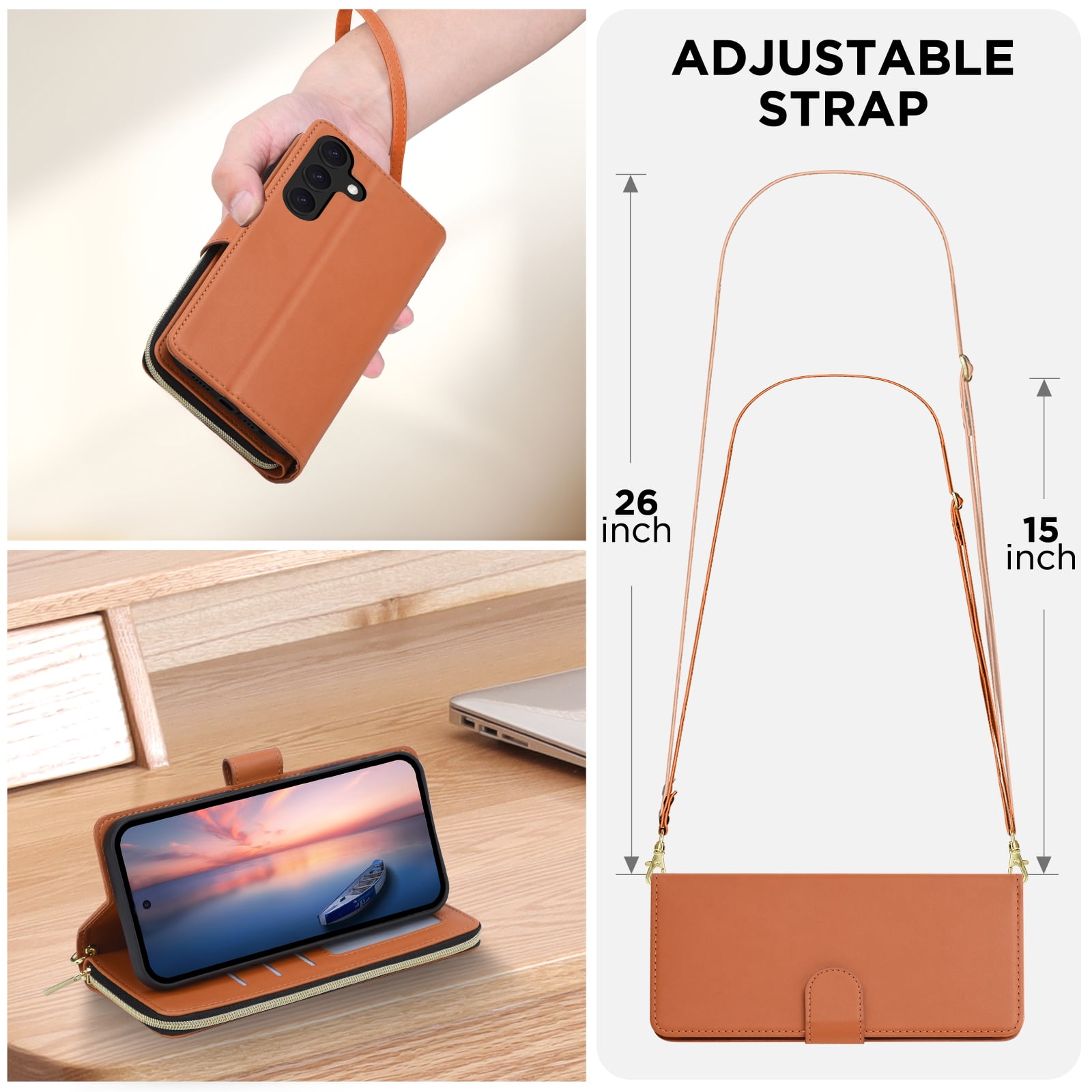 for Samsung Galaxy A56 5G Crossbody Wallet Case with 9 Card Holders, Cash Slot, Photo Slot, Zipper Pocket PU Leather Magnetic Snap Wallet Phone Case with Flip Stand & Wrist Strap & Lanyard, Brown