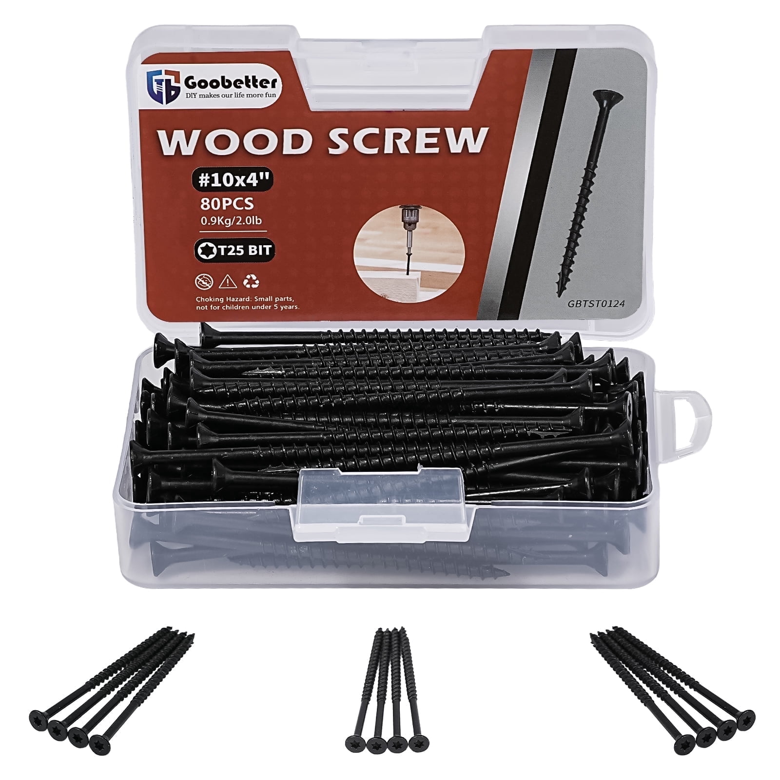 Goobetter Deck Screws 4 Inch, Wood Screws #10 x 4, 80PCS Exterior Wood Screws, Torx Star Flat Head Screws, Fence Construction Screws, Rust Resistant Epoxy Coated, T25 Bit Included, Black