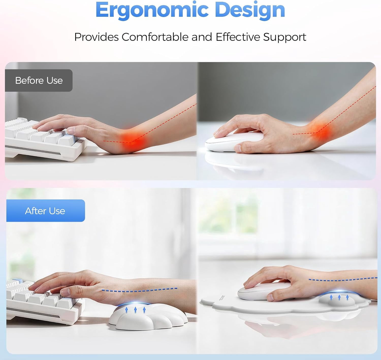 Cloud Mouse Pad with Wrist Rest Set, Ergonomic Cloud Keyboard Wrist Rest with Non-Slip Base, PU Leather Memory Foam Wrist Pad for Keyboard and Mouse, Pain Relief for Typing, Gaming, White