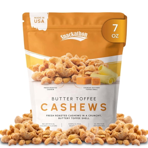 Snackathon Butter Toffee Cashews, Resealable Bag, 7 oz