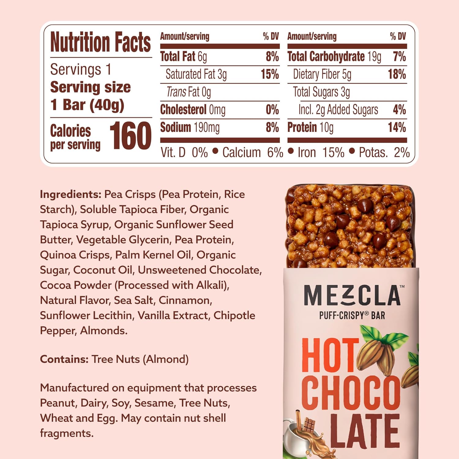 Mezcla Puff-Crispy Plant Based Protein Bars - Hot Chocolate - Healthy Snacks for Kids & Adults - Granola Bars for School, Travel, & Office Snacks - Gluten Free, Vegan, Non GMO, 10g Protein - 12 Count