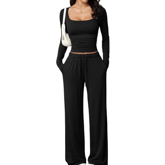 Women‘s 2 Piece Long Sleeve T-Shirt and Long Pants Set - Solid Color Knitted Casual Loungewear Outfit (XS-XXL)