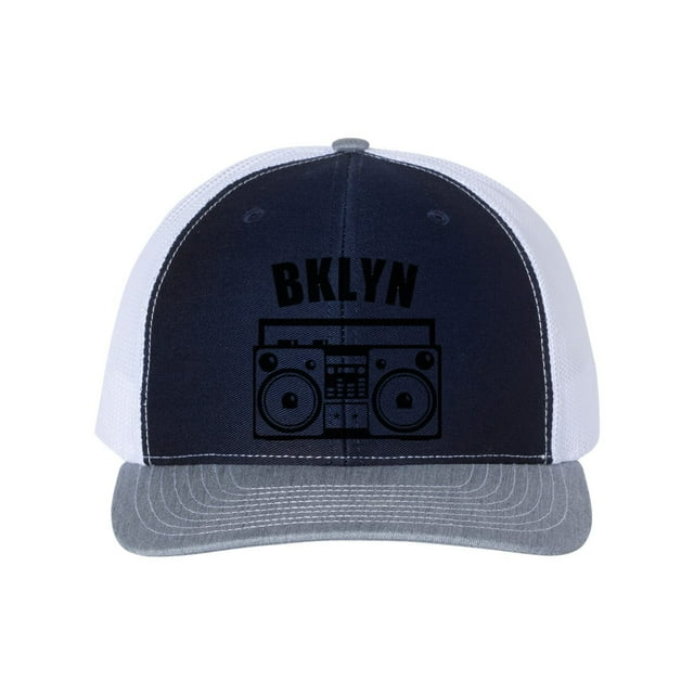 Brooklyn Hat, BKLYN, Boombox Hat, Retro Hat, Trucker Hat, Brooklyn Snapback, New York Hat, Adjustable Cap, Bklyn Hat, 90's Hat, Black Text, Navy/White/Heather