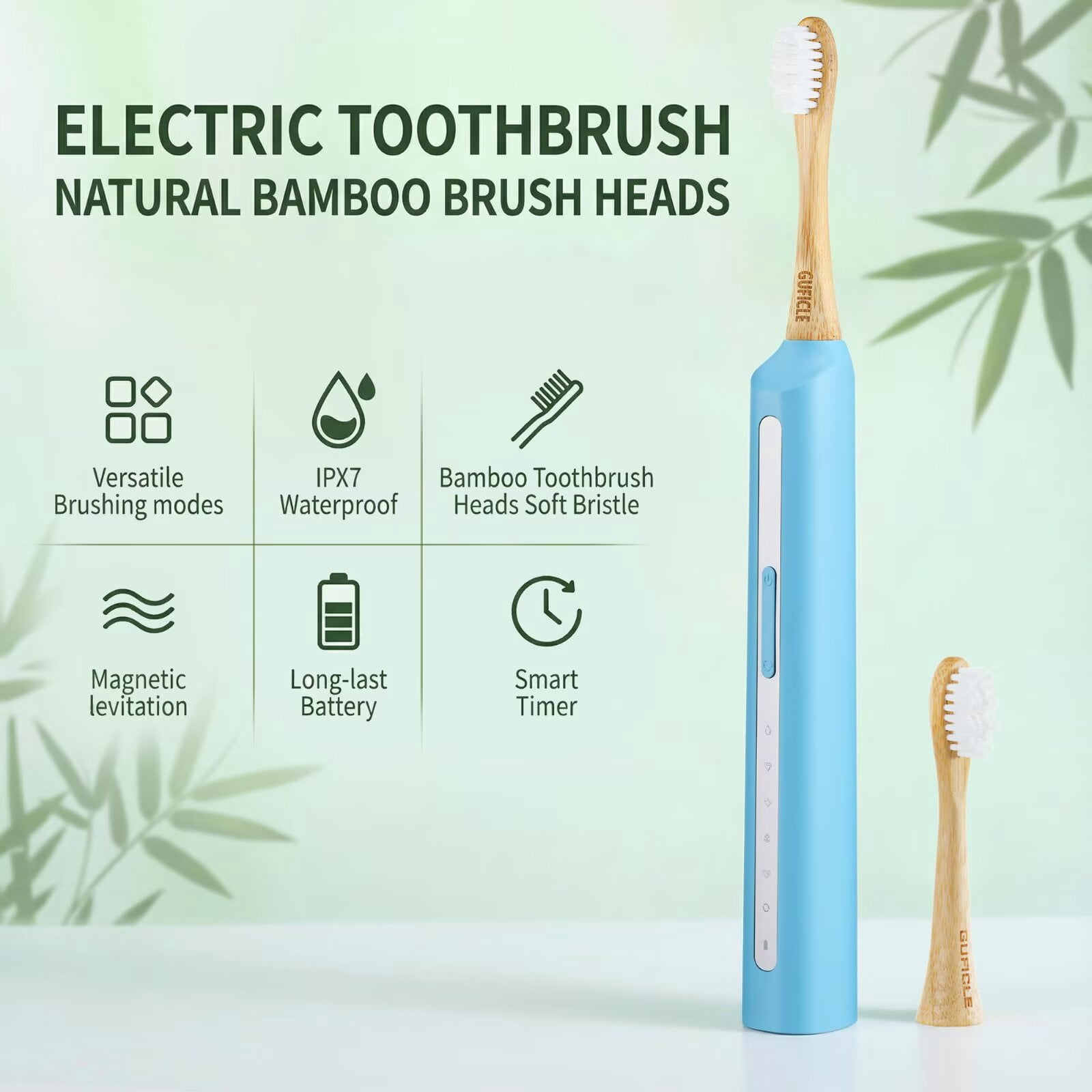 GUFICLE Sonic Bamboo Electric Toothbrush Set - 4 Biodegradable Heads, 5 Modes, Waterproof Zero Waste Sustainable Toothbrush, Navy Blue