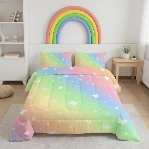 Psoiuetr Gradient Butterfly Glitter Bedding Set for Kids Girls Teens Twin Size Galaxy Rainbow Comforter Set Pink 3Pcs