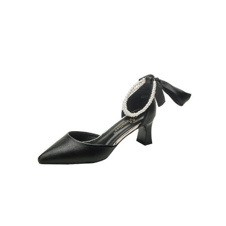 

Daeful Ladies D’orsay Pumps Ankle Strap Heeled Sandald Chunky Dress Sandal Party Comfort Pearl Pointed Toe Stiletto Heels Black Chunky 5cm 7