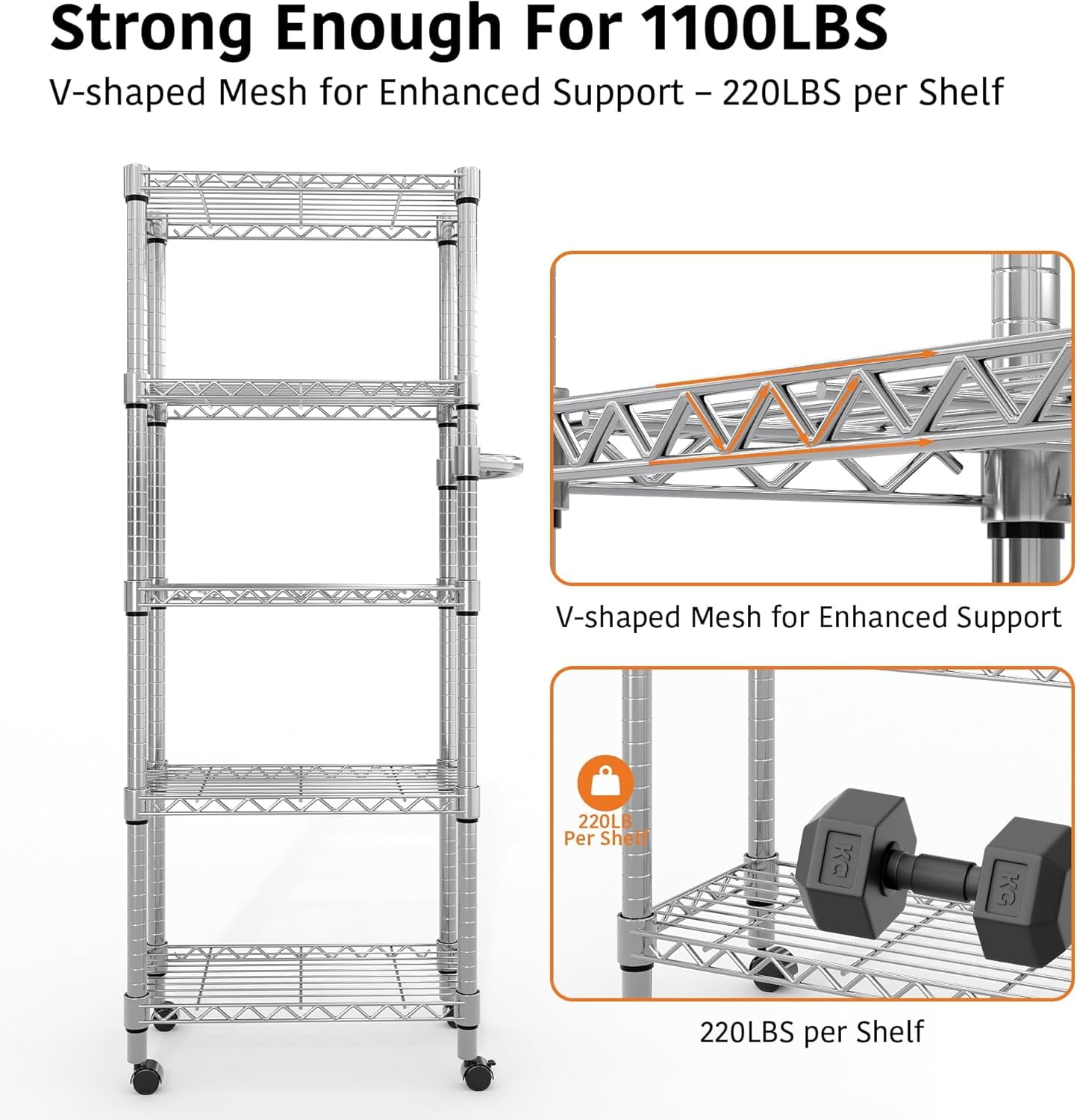Garvee 5 Tier Metal Storage Shelves, with Lockable Wheels, 23.6 x 11.81 x 61.8 inch, Silver