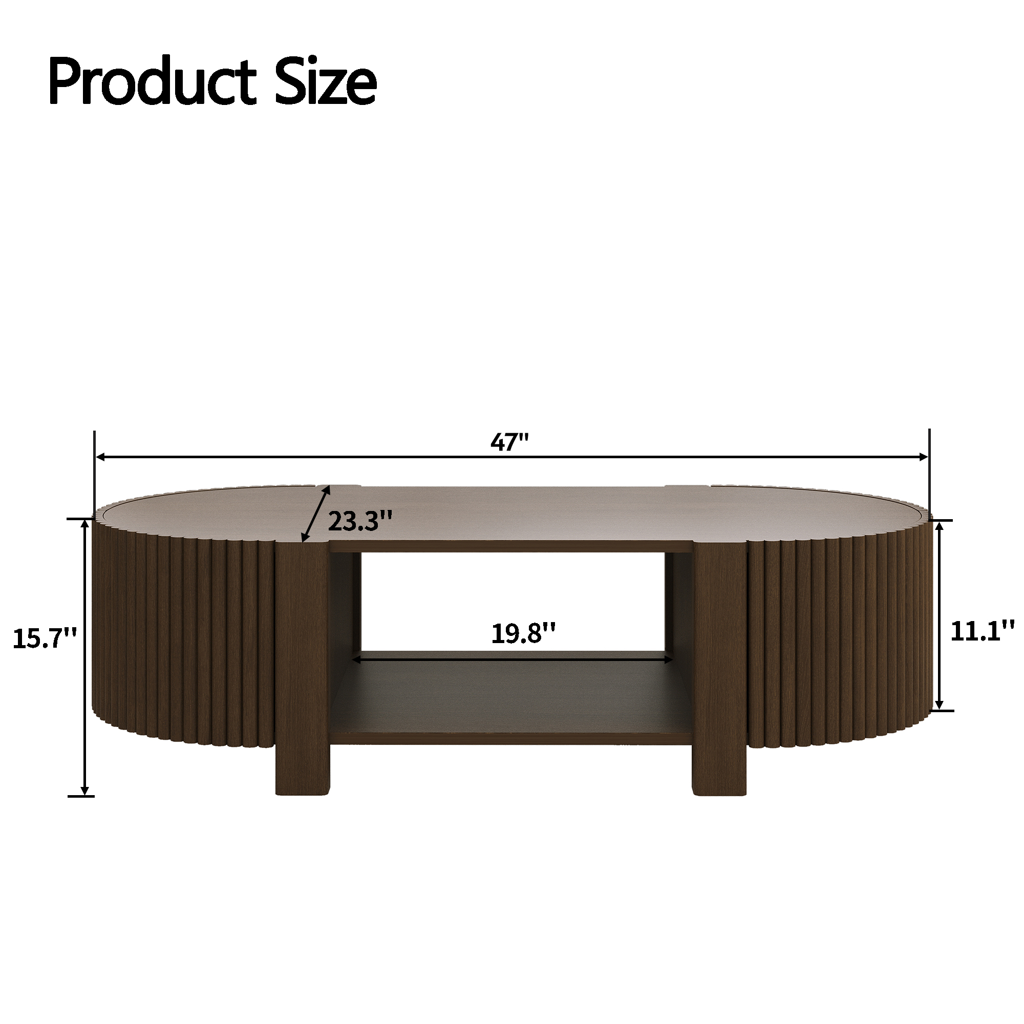 Euroco Oval Fluted Coffee Table with Storage for Living Room, 1 shelf & 2 Open Storage Doors, Walnut, 47"