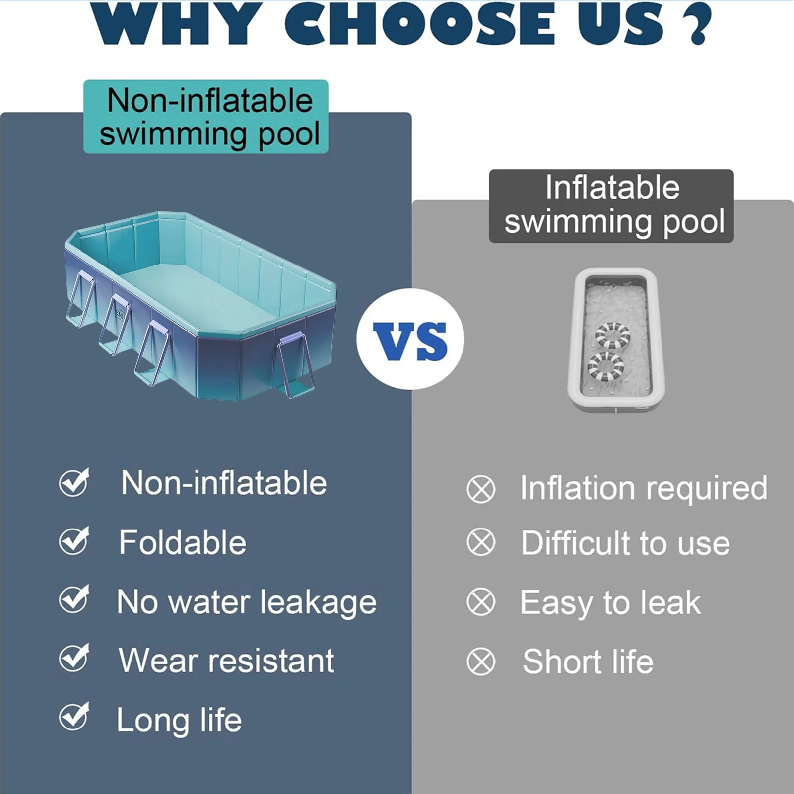 HDUTNGISN 102"Foldable Swimming Pool for Kids & Family,Non-Inflatable Pool with Metal Frame,Blue
