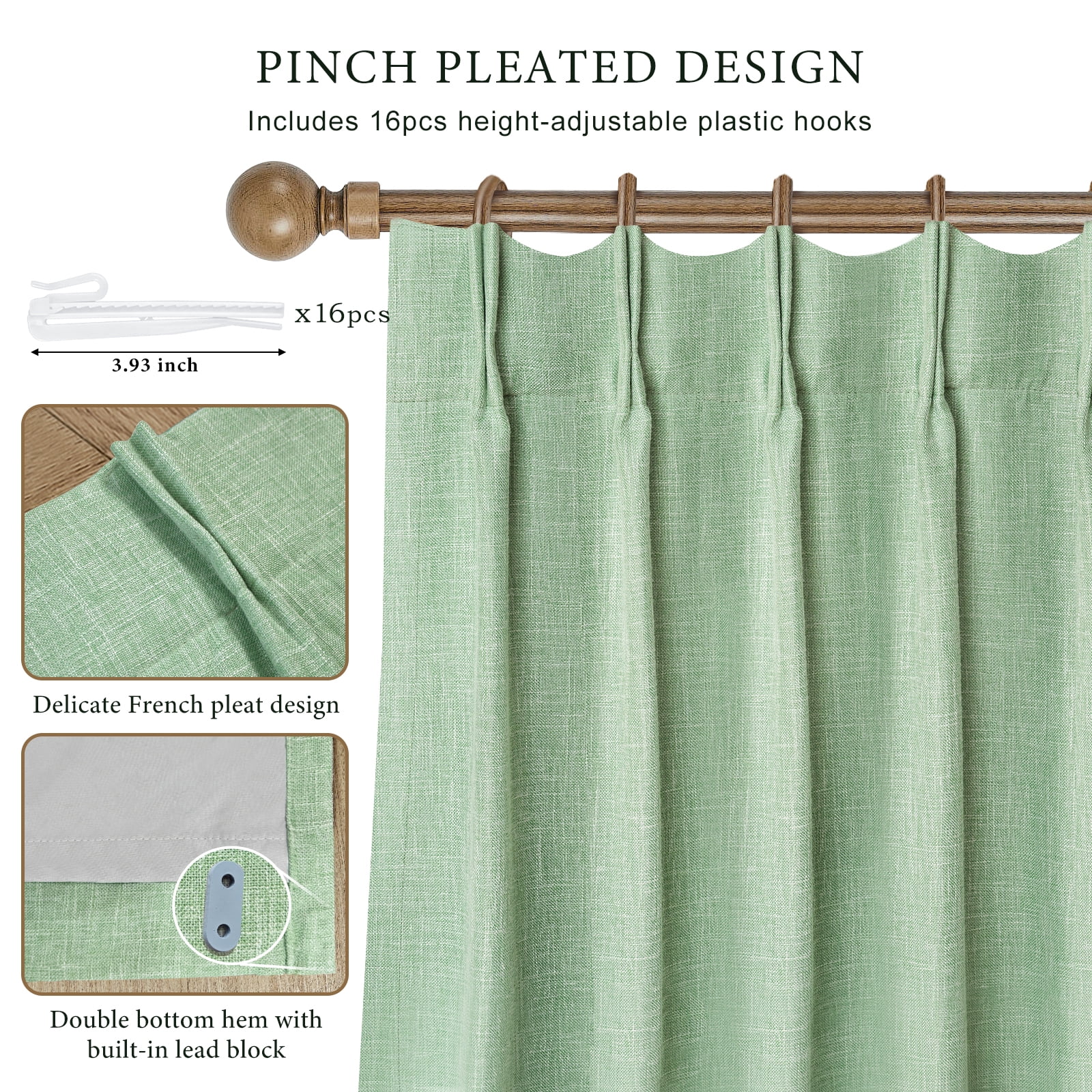 Nalqet Linen Pinch Pleated Full Blackout Curtains for Bedroom - 2 Pages Black Out Grass Green Curtains 102 Inch Long 2 Panel for Living Room Darkening Thermal Window Curtain Drapes with 16pc Hooks