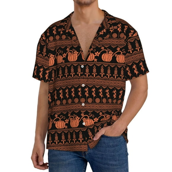 Fotbe Vintage Pumpkin Pattern Camisa Estampada de Manga Corta para Hombre, Casual de Verano, Estilo Playero, Sin Arrugas-Large