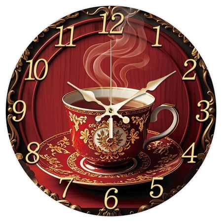 12 Inch Wall Clock 3D Retro Coffee Cup Pattern Non-Ticking Clocks Round Retro Flowers Pattern Wall Hanging Clock Battery Operated