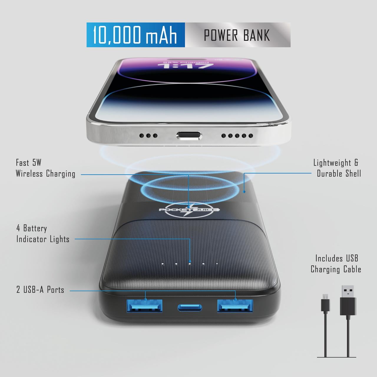(3 pack) Pocket Juice Wireless Pro, 10,000mAh Portable Power Bank with Wireless Charging, USB, and Built-in Lightning and USB-C Cables, Black