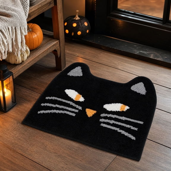 Cute Black Cat Bathroom Rug, 16x16Inch Non Slip Cat Shaped Rug, Cat Bath Mat, Machine Wash Bath Mat for Bathroom Bedroom and Entryway