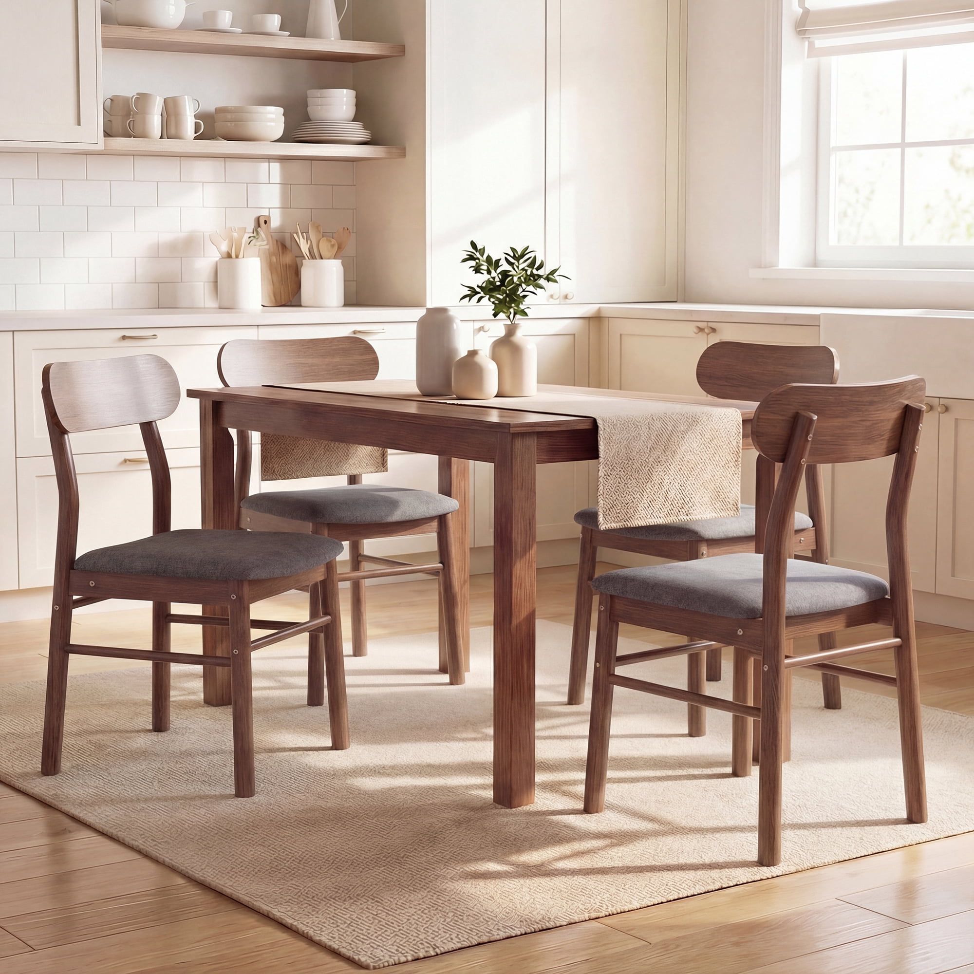 HOMCOM Wooden Dining Chairs, Upholstered Kitchen Chairs with Rubberwood Legs Set of 4 for Dining Room, Gray