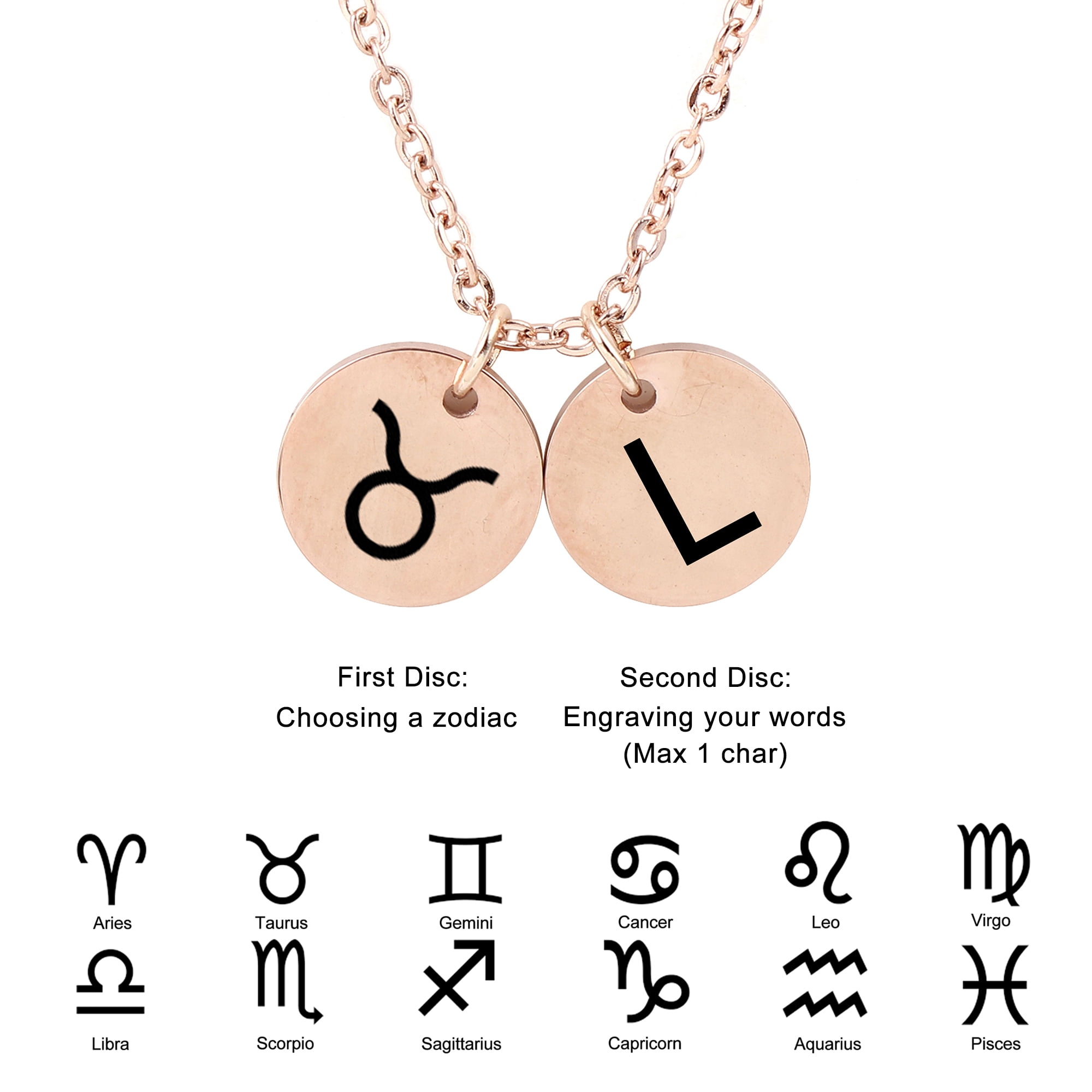 Anavia Stainless Steel Personalized Round Constellation Initial Necklace - Engraved Zodiac Symbol Jewelry Chain 18 inch