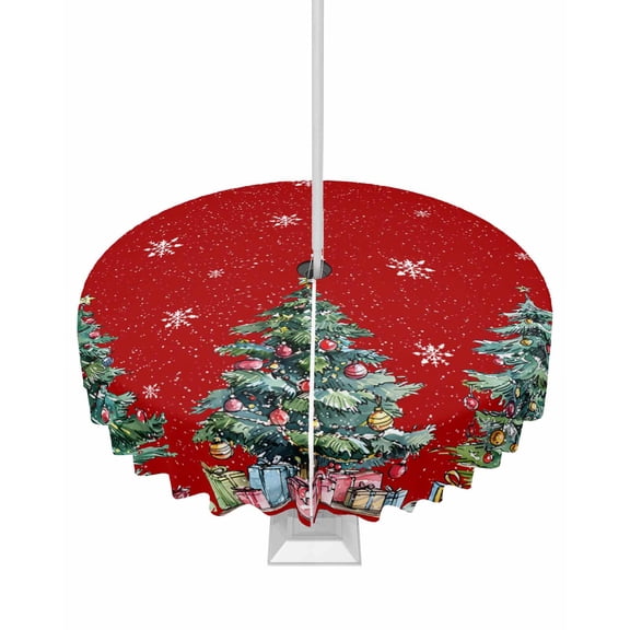Fsddascl Red Tree Christmas Outdoor Tablecloth - 60 Inch Round Dining Table Cover, Xmas Snowflake Watercolor Waterproof Outdoor Table Cloth with Umbrella Hole & Zipper for Picnic/Patio/Party