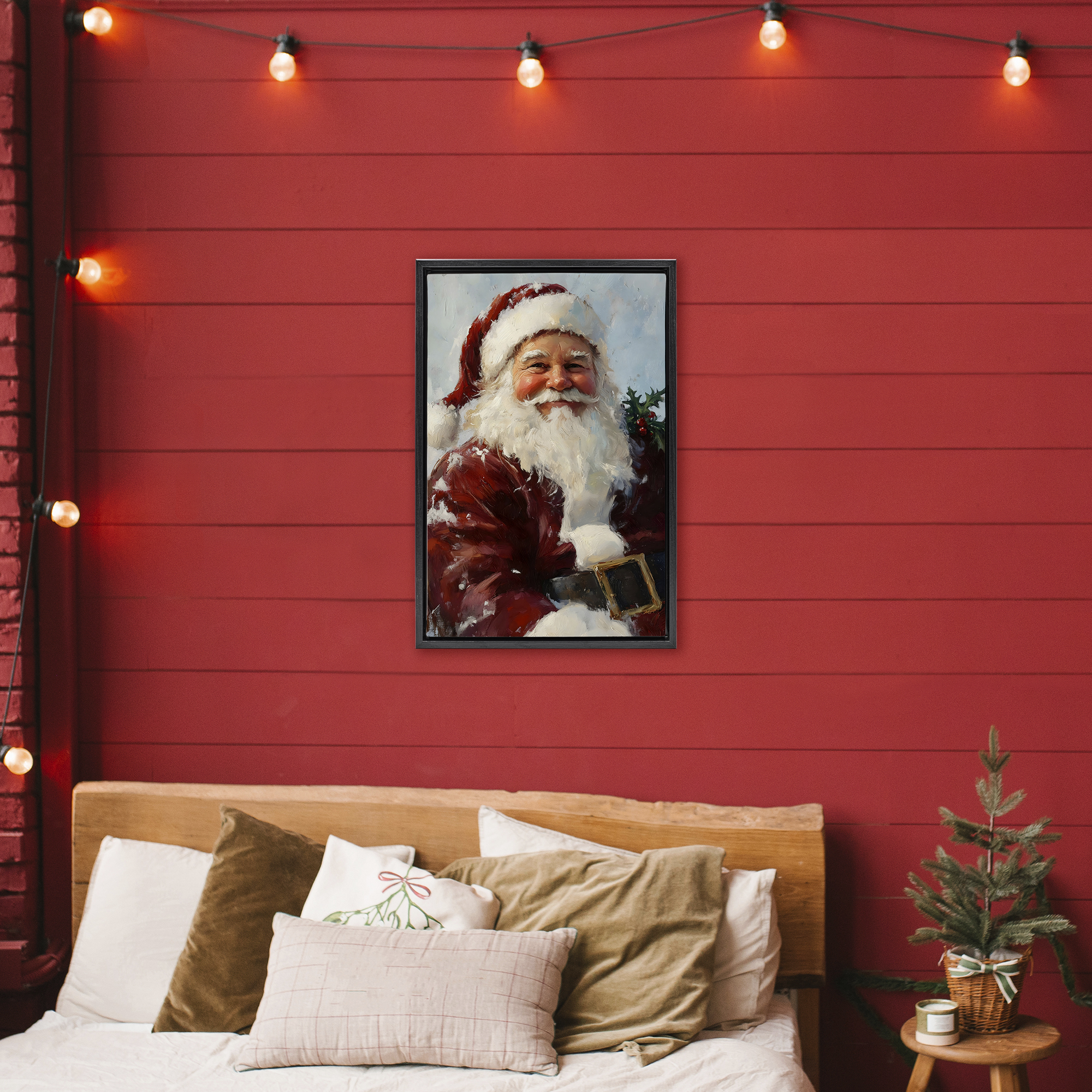 Rosy Cheeked Santa Smile Black Framed Floater Canvas Wall Art, design by Petal Prints Design