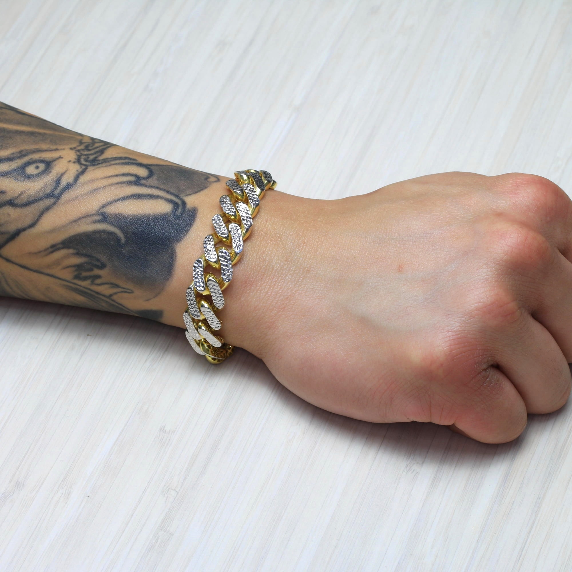 Nuragold 10k Real Yellow Gold Royal Monaco 13mm Miami Cuban Diamond Cut Pave Link Bracelet (8"-9") Two Tone Italian Jewelry for Men