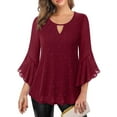 thumbnail image 2 of UTSJKR Womens Glitter Keyhole Tops 3/4 Bell Sleeve Ruffle Pleated Flowy Blouses Dressy Casual Tunic Tops Sparkly Party Shirts Wine L, 2 of 8
