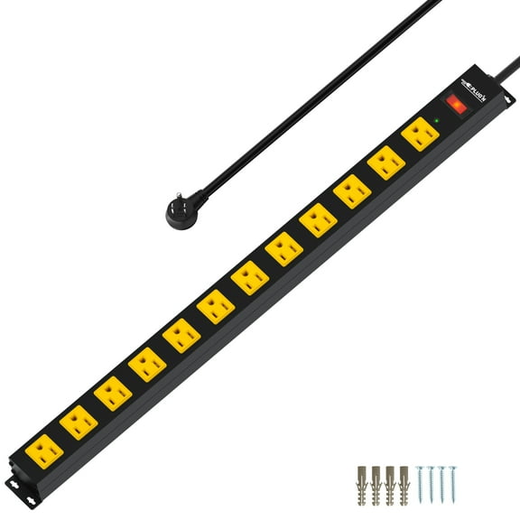 12 Outlet Long Power Strip, 2100 Joules Surge Protector 6FT Power Cord, Wide Spaced Outlet Power Bar, Overload Protection Switch, Industrial Heavy Duty for Work Bench, Shop, Garage
