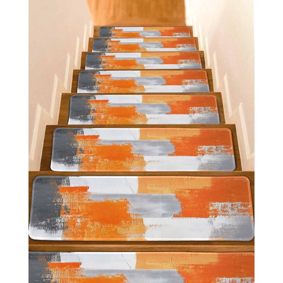 Burnt Orange Grey Stair Treads for Wooden Steps Indoor Runner Rug Carpet, Modern Oil Painted Abstract Art 10 Pieces Peel and Stick Staircase Step Treads Covers Washable Throw Door Mats, 30"x8"