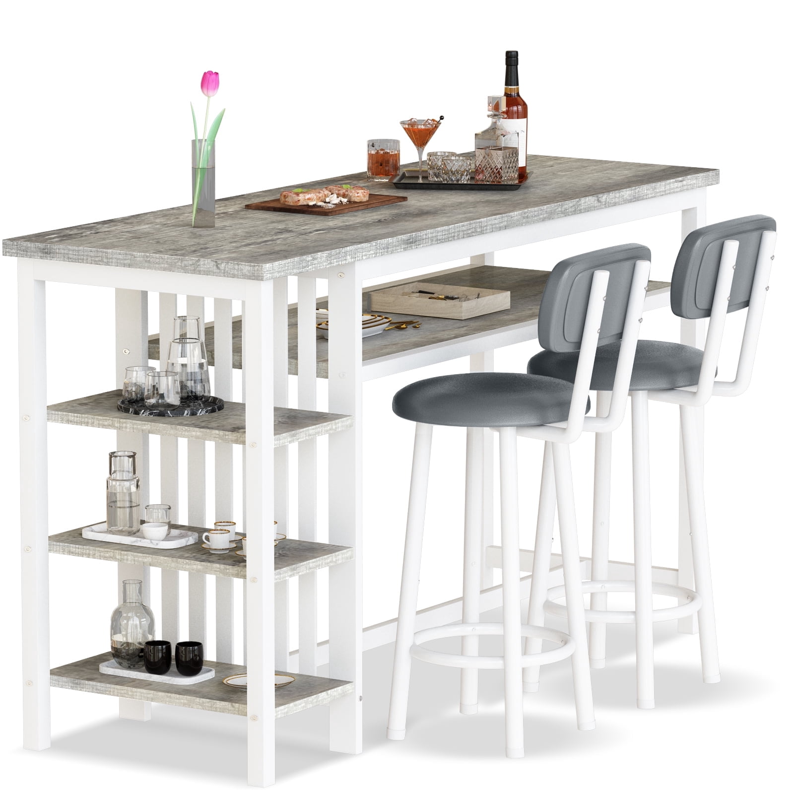 BAXLUXE Kitchen Table and Chairs, Bar Dining Table Set for 2,Dining Table with Chairs,Small Kitchen Bar Table Faux Marble Bar Table with Storage