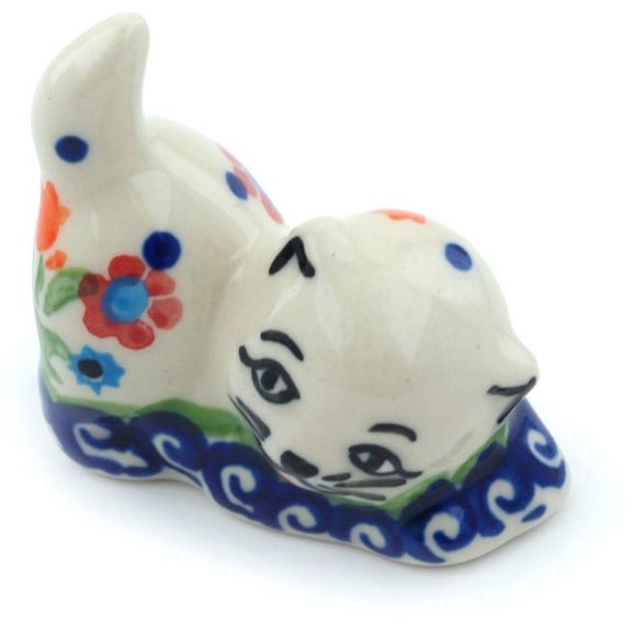 Polish Pottery 2½-inch Cat Figurine (Spring Flowers Theme) Hand Painted in Boleslawiec, Poland   Certificate of Authenticity