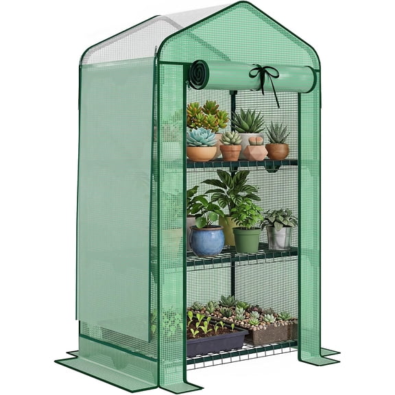 NeoNiches 3 Tier Mini Greenhouse with Screen Roof, 27.6" x 19.7" x 50", Portable Small Greenhouse with High Strength PE Cover, Roll-Up Zipper Door for Garden Yard Backyard, Green
