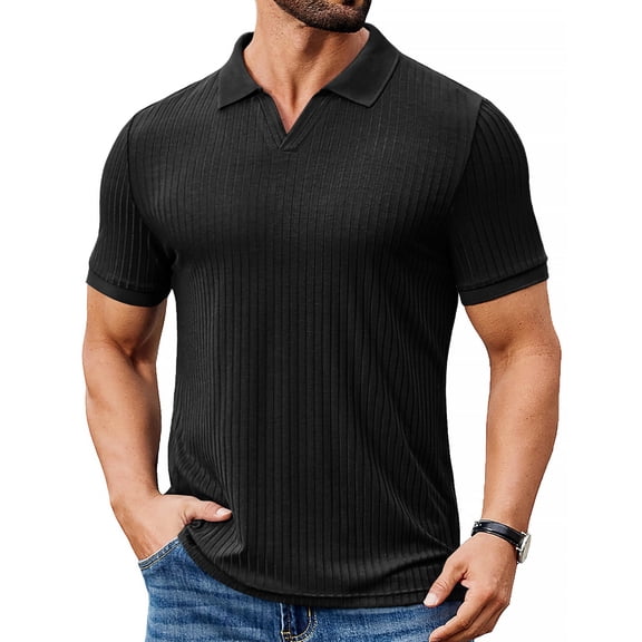 COOFANDY Men's Ribbed Polo Shirts Short Sleeve V Neck Slim Fit Polo T-Shirt Casual Summer Collared Golf Shirt