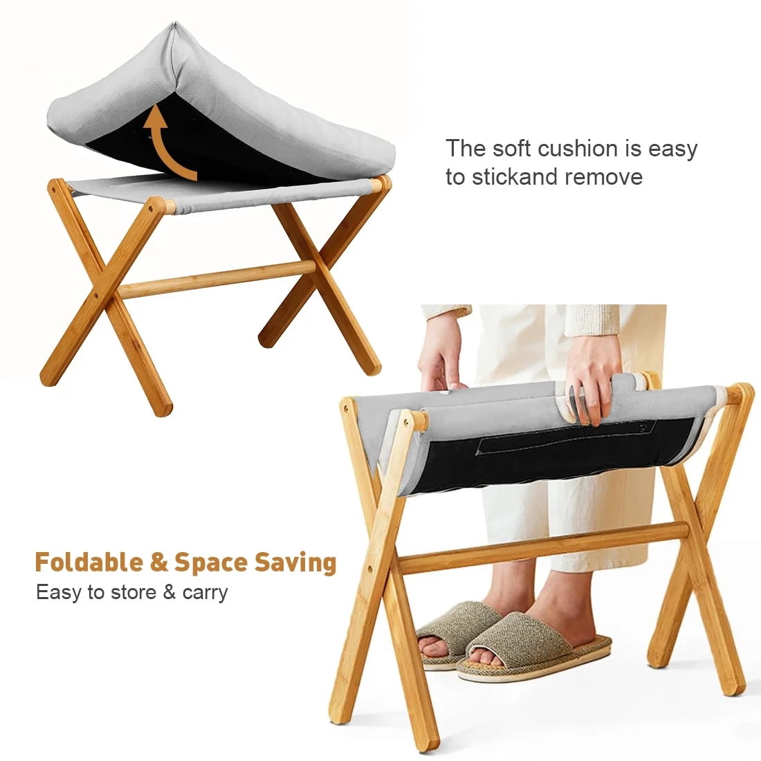 TEAFIRST Folding Footrest Stool, Footstool, Small Portable Bamboo Accent Ottoman,with Padded Gray