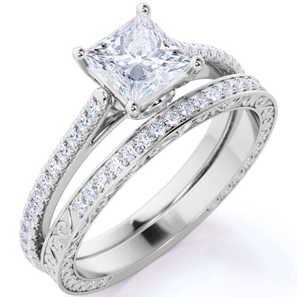 JeenMata Anillo de Compromiso Antiguo Sencillo con Banda Pavé de Moissanita de Corte Princesa de 1,75 Uds Oro Blanco de 18 K sobre Plata