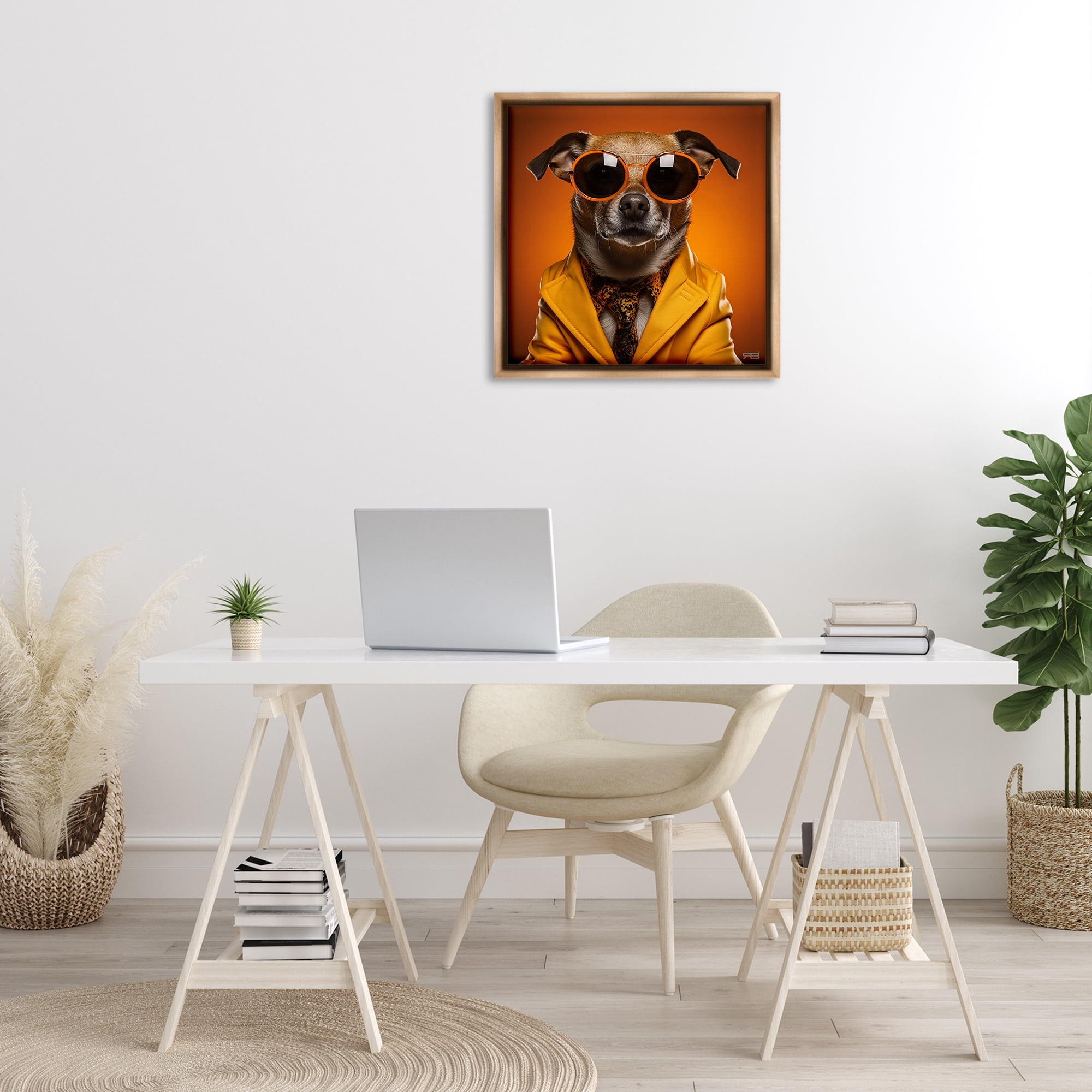 Stupell Industries Trendy Dog Yellow Suit Animals & Insects Painting Brown Floater Framed Canvas Art Print Wall Art, 25 x 25