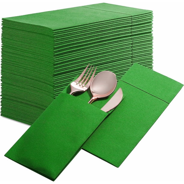 Xiao Hua 50 servilletas desechables con bolsa para cubiertos incorporada, predobladas, adecuadas para decoración de mesas de restaurantes, bodas y fiestas, color verde