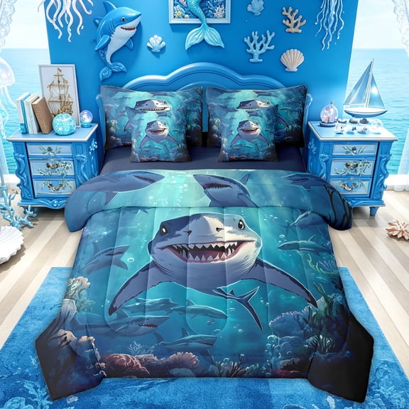 Feelyou Cartoon Kawaii Shark Twin Bedding Sets for Kids Boys Girls, Mystic Undersea Reef Animal Bedding Comforter Set, Blue, Blue Reversible, 7pcs