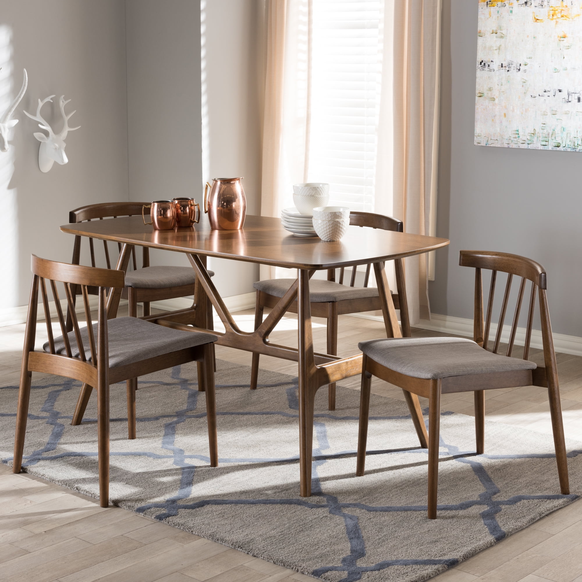 5pc Wyatt Midcentury Modern Dining Set with Solid Rubberwood &#38; Polyester Seats - Baxton Studio