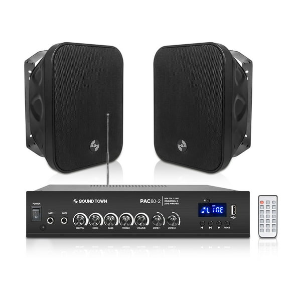Sound Town Commercial Restaurant Bluetooth Amplifier   Surface-Mount Speaker Set, with One 2-Zone 70V/100V Amplifier with Bluetooth, 2 x 5.25-Inch Surface-Mount Speakers, Black (PAC80X2MS5B)