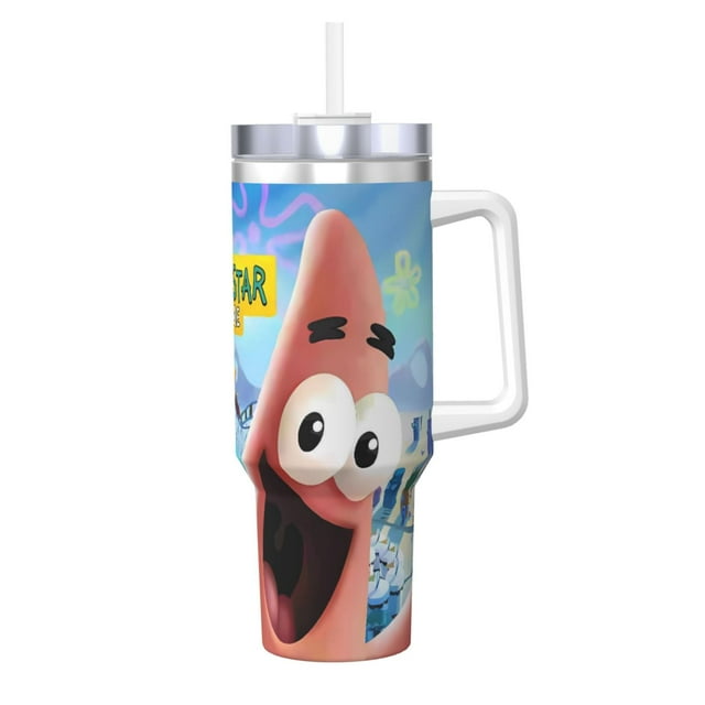 Pofeuu SpongeBob SquarePants Tasse à Glace en Acier Inoxydable 40OZ avec Poignée et Paille pour Plage/voyage