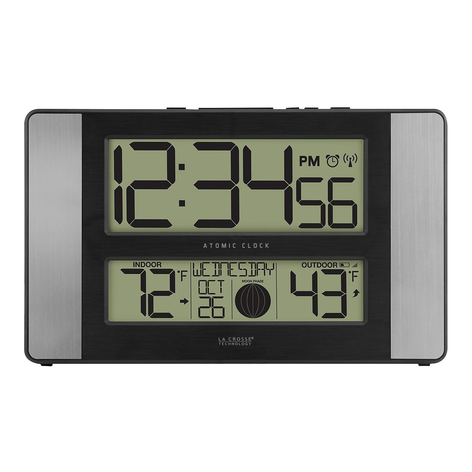 La Crosse Technology Atomic Digital Clock with Temperature and Moon Phase Aluminum finish La Crosse Technology Atomic Digital Clock with Temperature and Moon Phase Aluminum finish 89 be