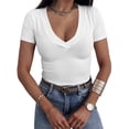 thumbnail image 2 of Summer Fashion Women V-neck Slim Fit T-shirt Cotton Solid Tee Tops, 2 of 5