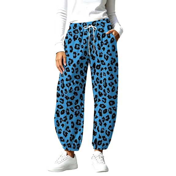 Qgtaibl Womens Leopard Print Jogger Pants Elastic High Waist Drawstring Streetwear Sweatpants Loose Fit Comfy Fall Warm Trousers with Pockets Blue XXL
