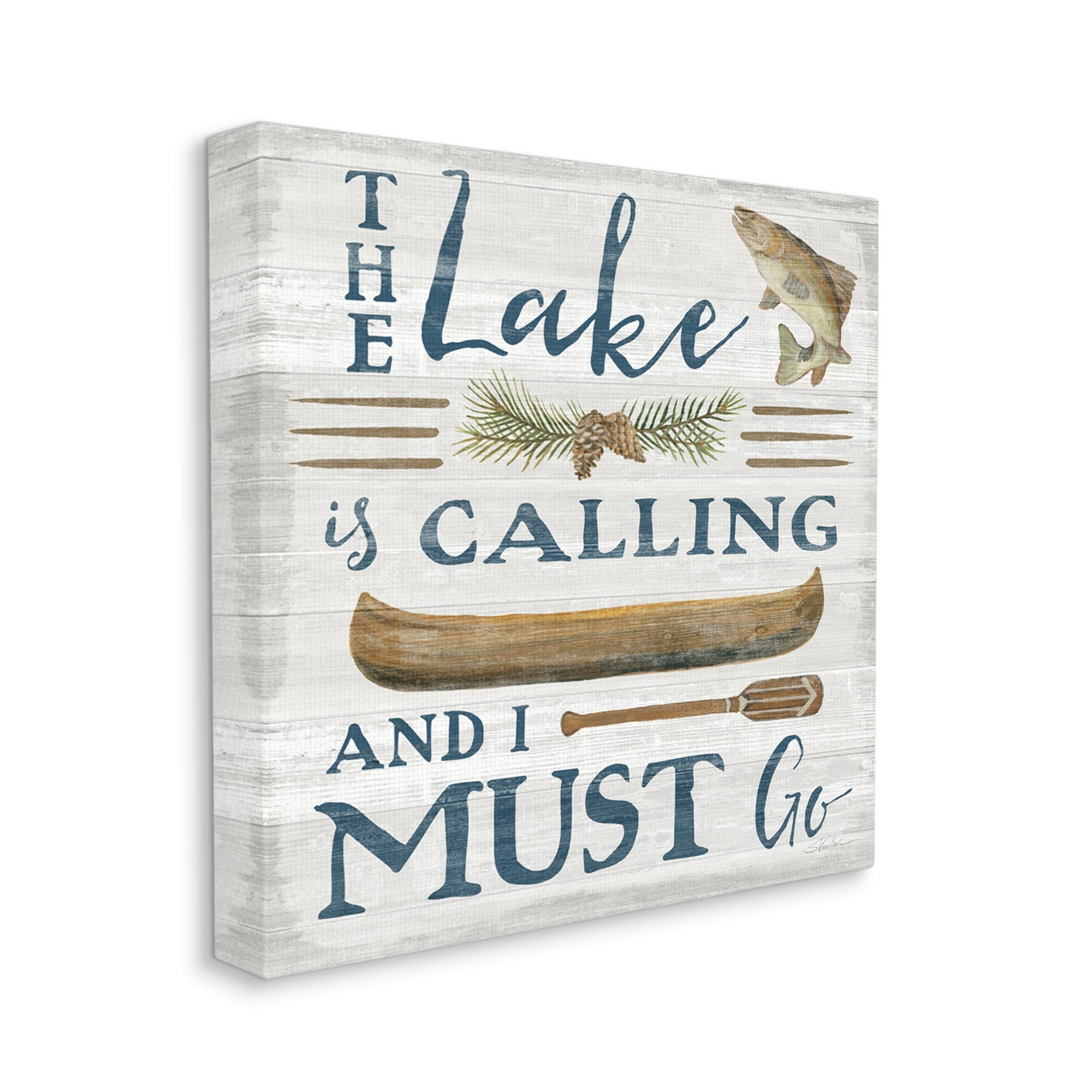 Stupell Industries Lake Is Calling Quote Pinecone Botanical Rustic Canoe Graphic Art Gallery-Wrapped Canvas Print Wall Art, 24x24, by Silvia Vassileva