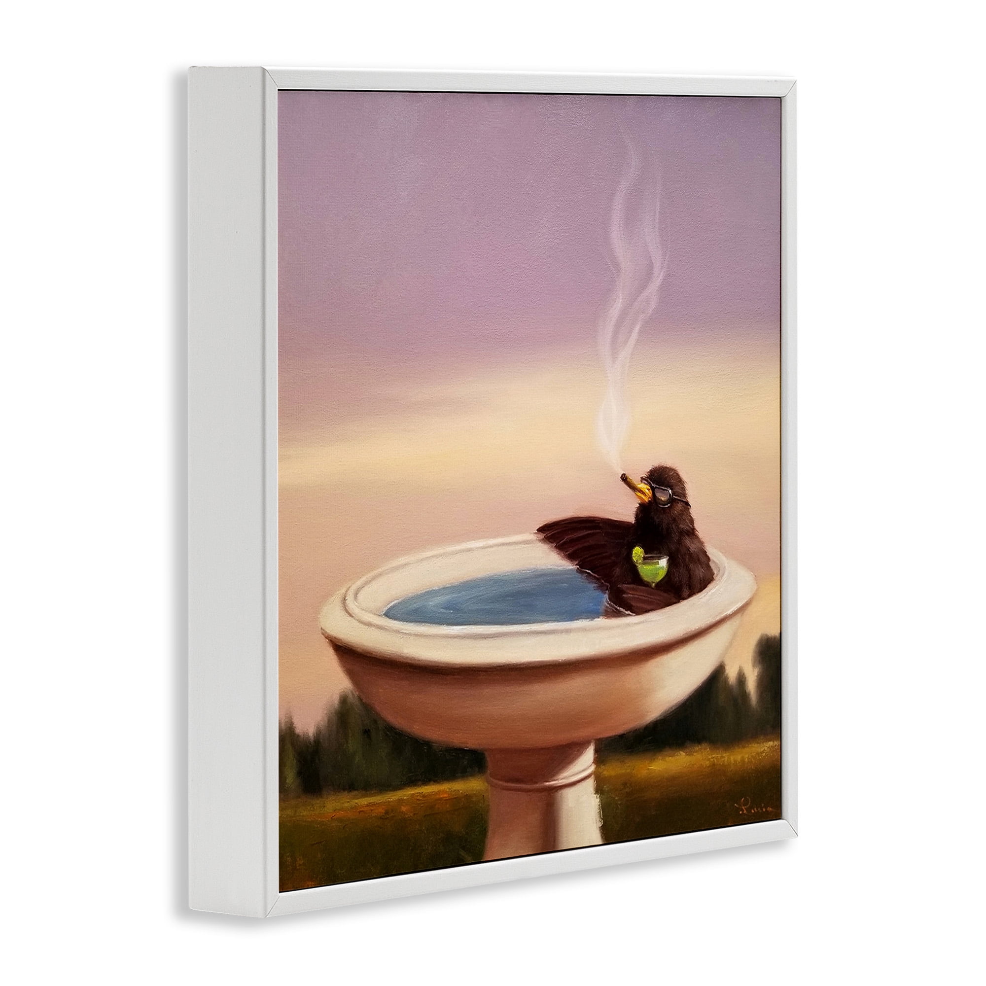 Stupell Industries Birdbath with Cocktail Humor Animals & Insects Painting White Framed Art Print Wall Art, 24 x 24