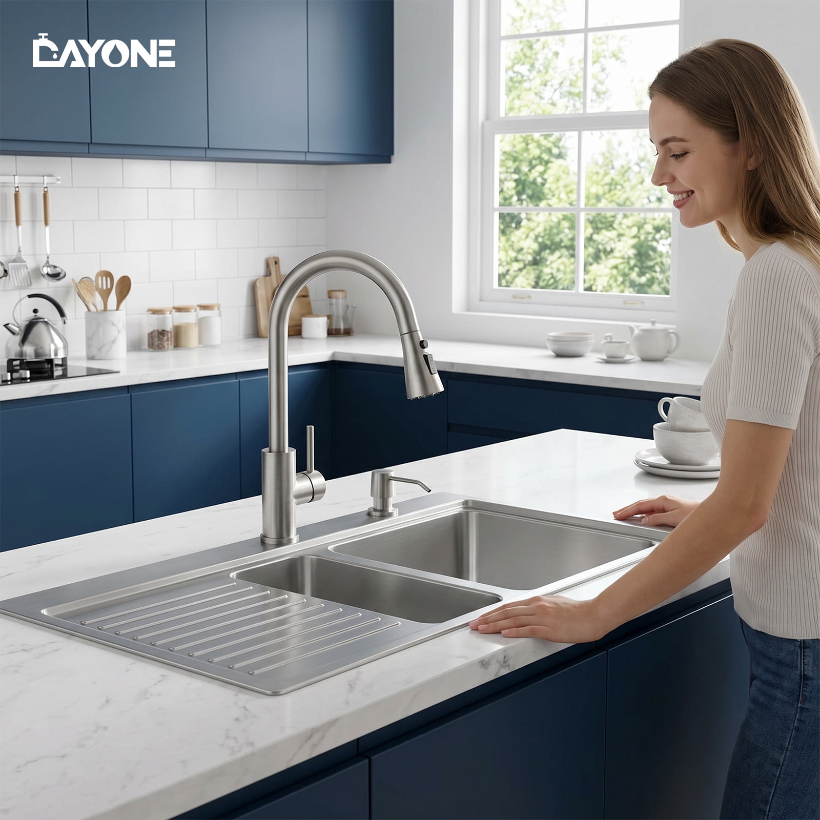 DAYONE Pull Down Brushed Nickel Kitchen Faucet with Sprayer and Soap Dispenser, Stainless Steel Faucet, 3 Modes High Arc Single Handle Kitchen Sink Faucet with Deck Plate for Kitchen Renovation