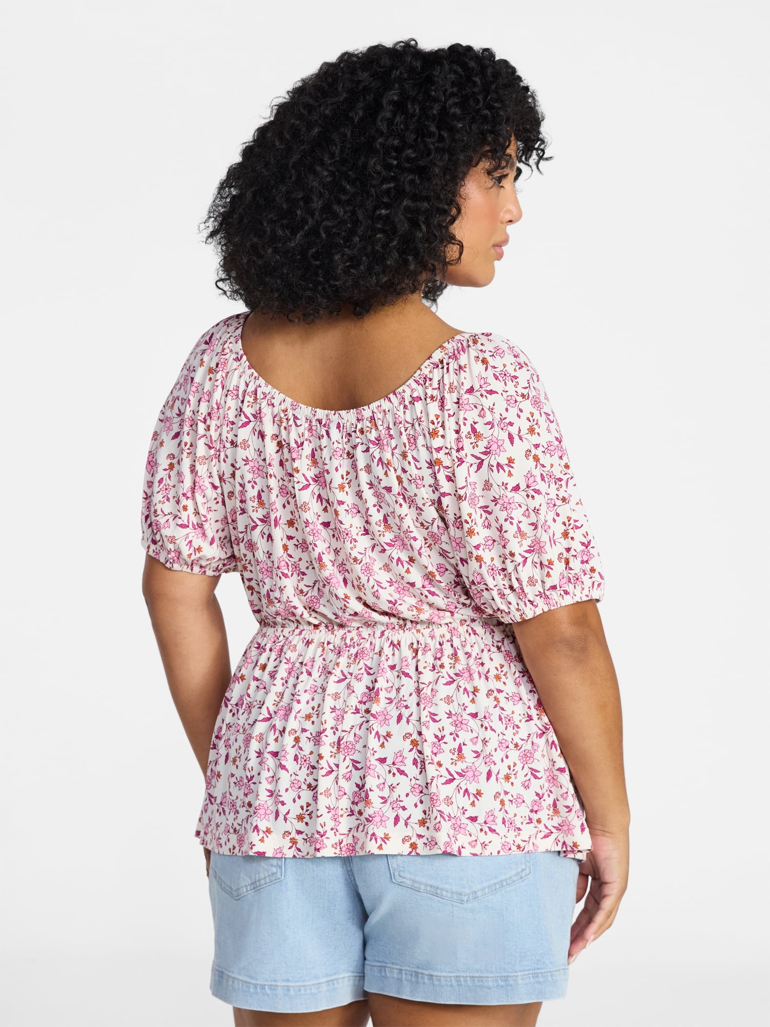 Terra & Sky Women's Peplum Top with Short Puff Sleeves, Sizes 0X-5X