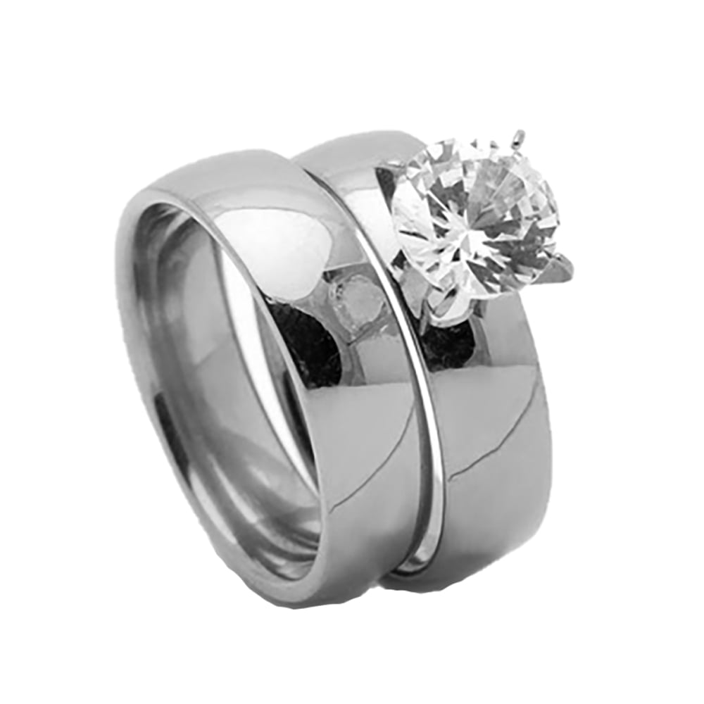 Engagement Ring New Womens Solitaire CZ Stainless Steel Bridal Wedding Band Set 