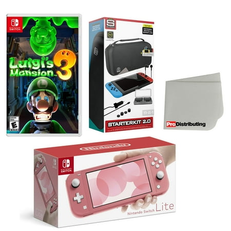 Nintendo Switch Lite Console Coral with Luigi's Mansion 3, Accessory Starter Kit and Screen Cleaning Cloth Bundle - Import with US Plug