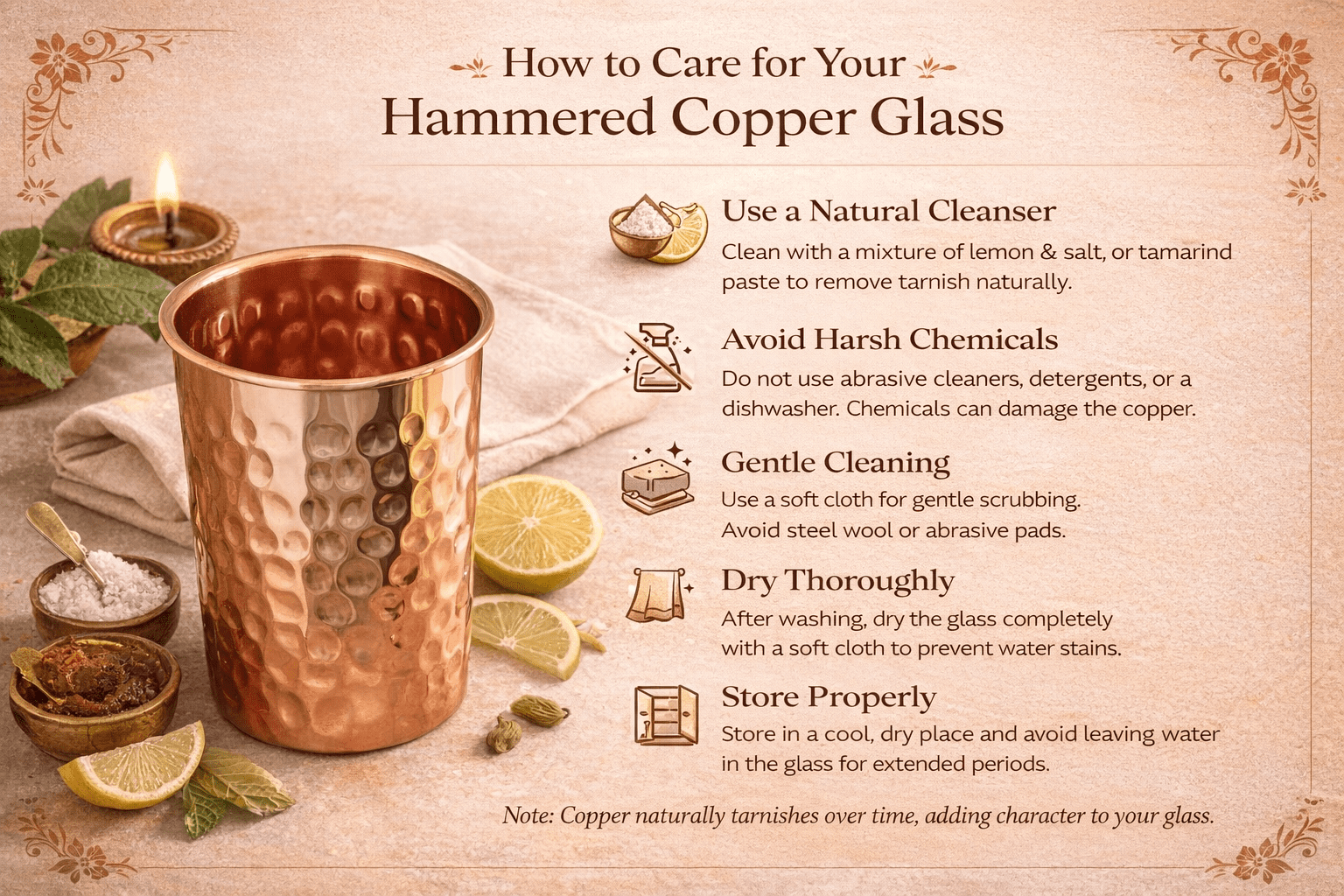 Pure Copper Water Bottle with 4 Hammered Copper Glasses | Leak-Proof Cap | Ayurvedic Healthy Drinking Set for Home & Office