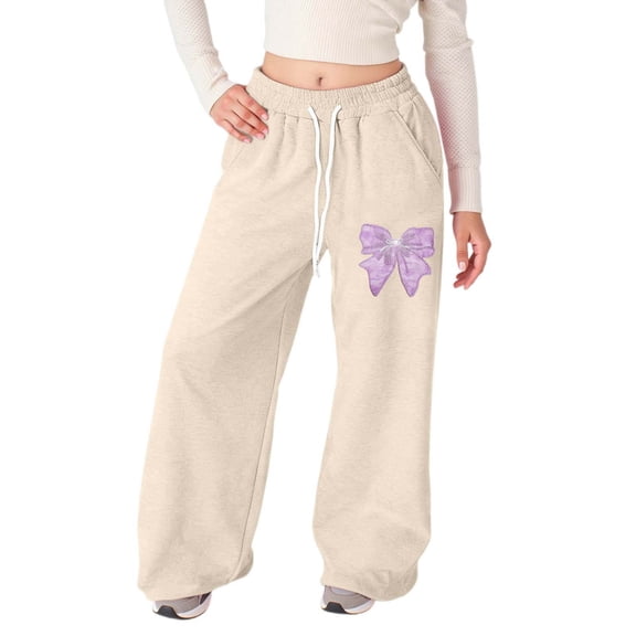 Ulitacool Trousers For Girls High Waist Bow Tie Jogger Pants Straight Leg Athletic Sweatpants With Pockets Lightweight Wear Beige 4-5 Years