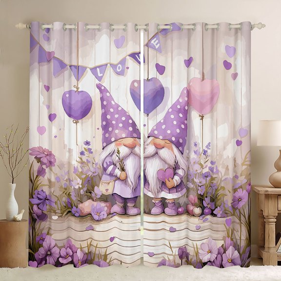 Homewish Kawaii Purple Gnome Black Out Curtains for Kid, Spring Rustic Flower Curtains Pack of 2 (42x63 Each), Romantic Love Heart Bedroom Curtains, Window Curtains Bedroom Decor